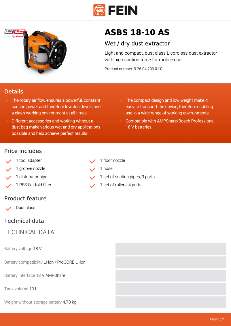 Page 1 of the manual Technical Sheet Fein ASBS 18-10 AS