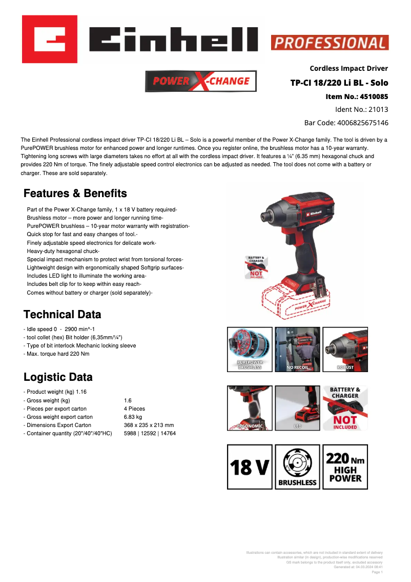 First page image of the manual for TP-CI 18/220 Li BL