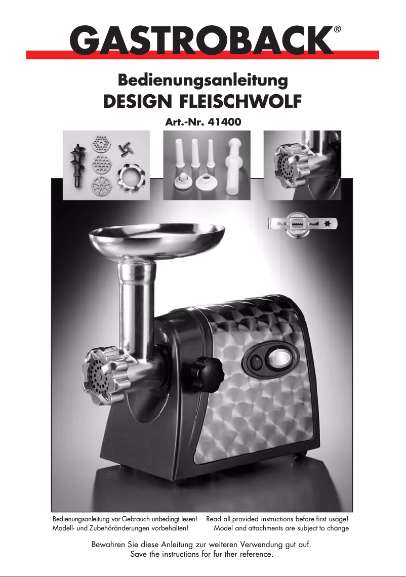 Page 1 of the manual User Manual Gastroback Design Mincer 41400