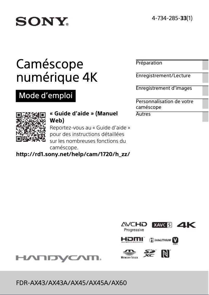 First page image of the manual for FDR-AX43A