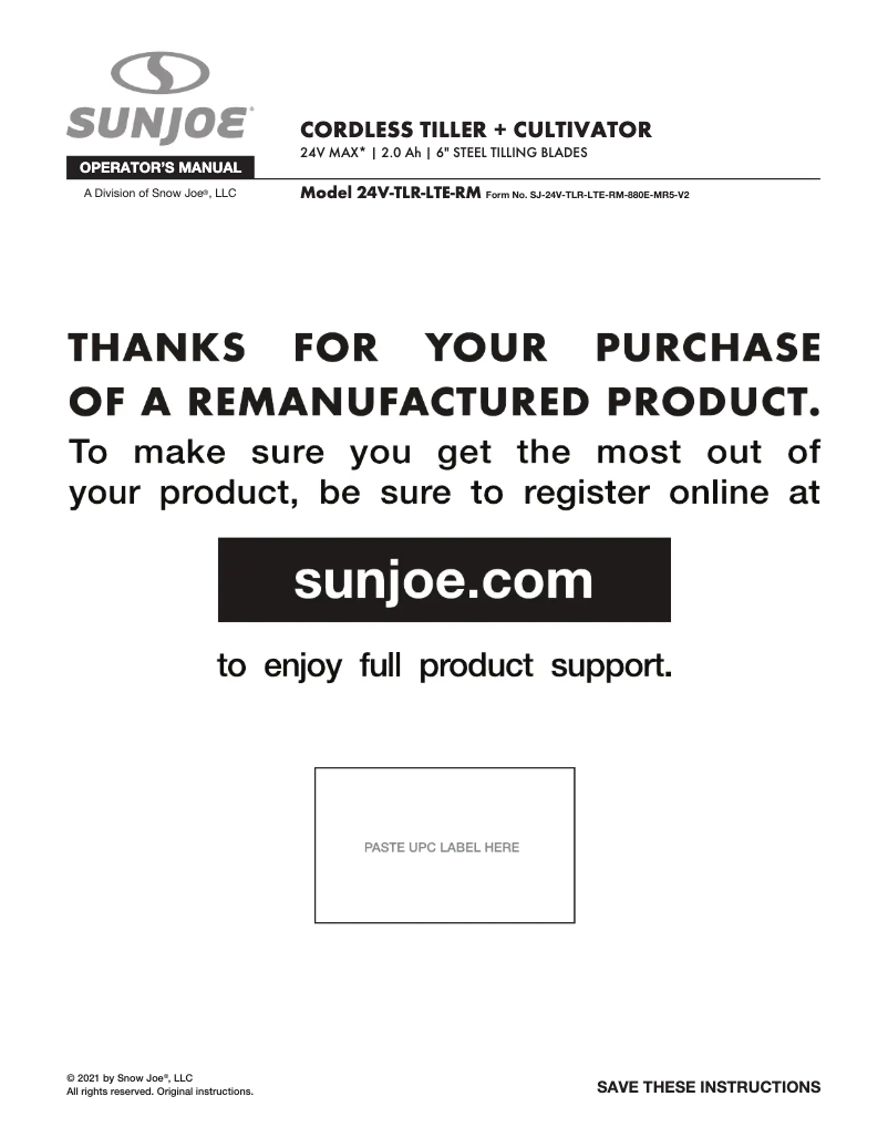 Page 1 of the manual User Manual Sun Joe 24V-TLR-LTE-RM