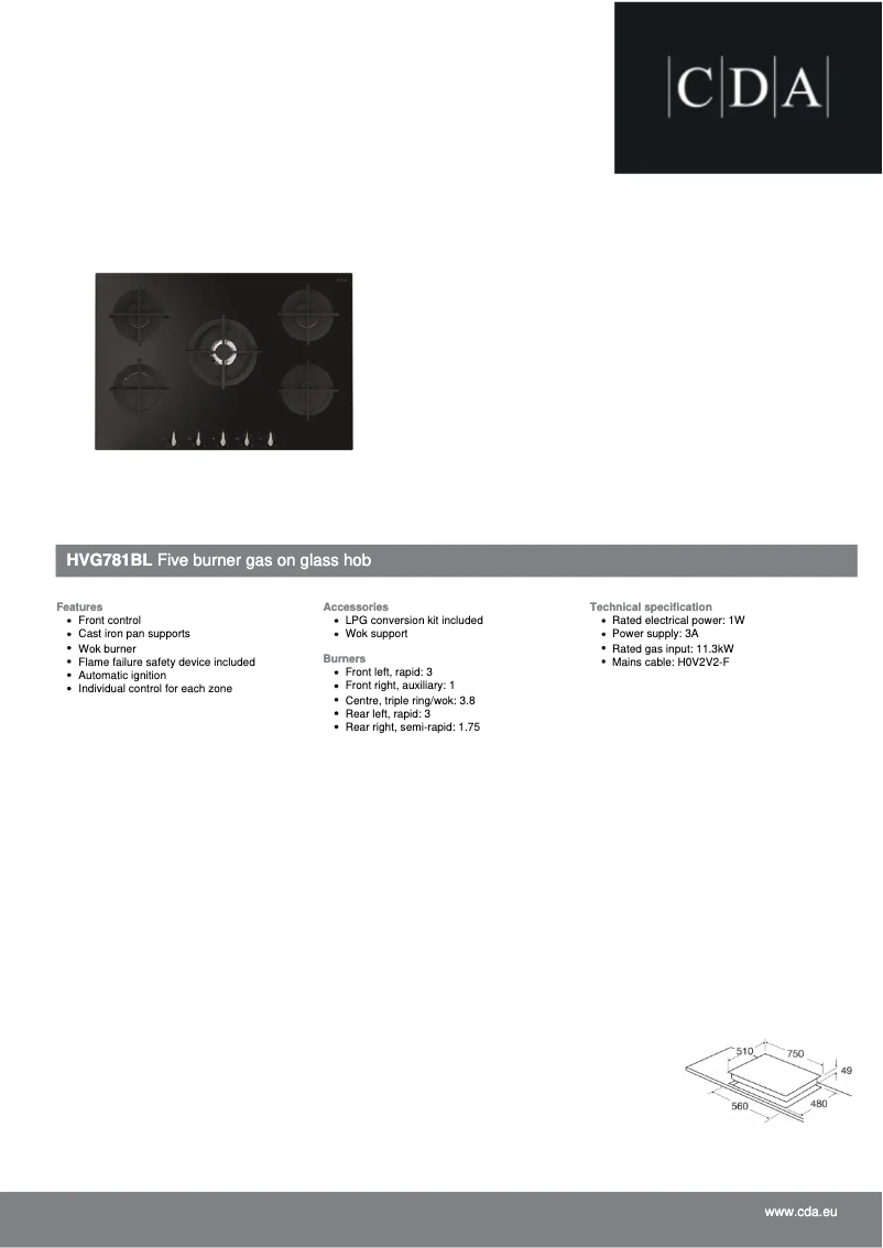 Page 1 of the manual Technical Sheet CDA HVG781BL