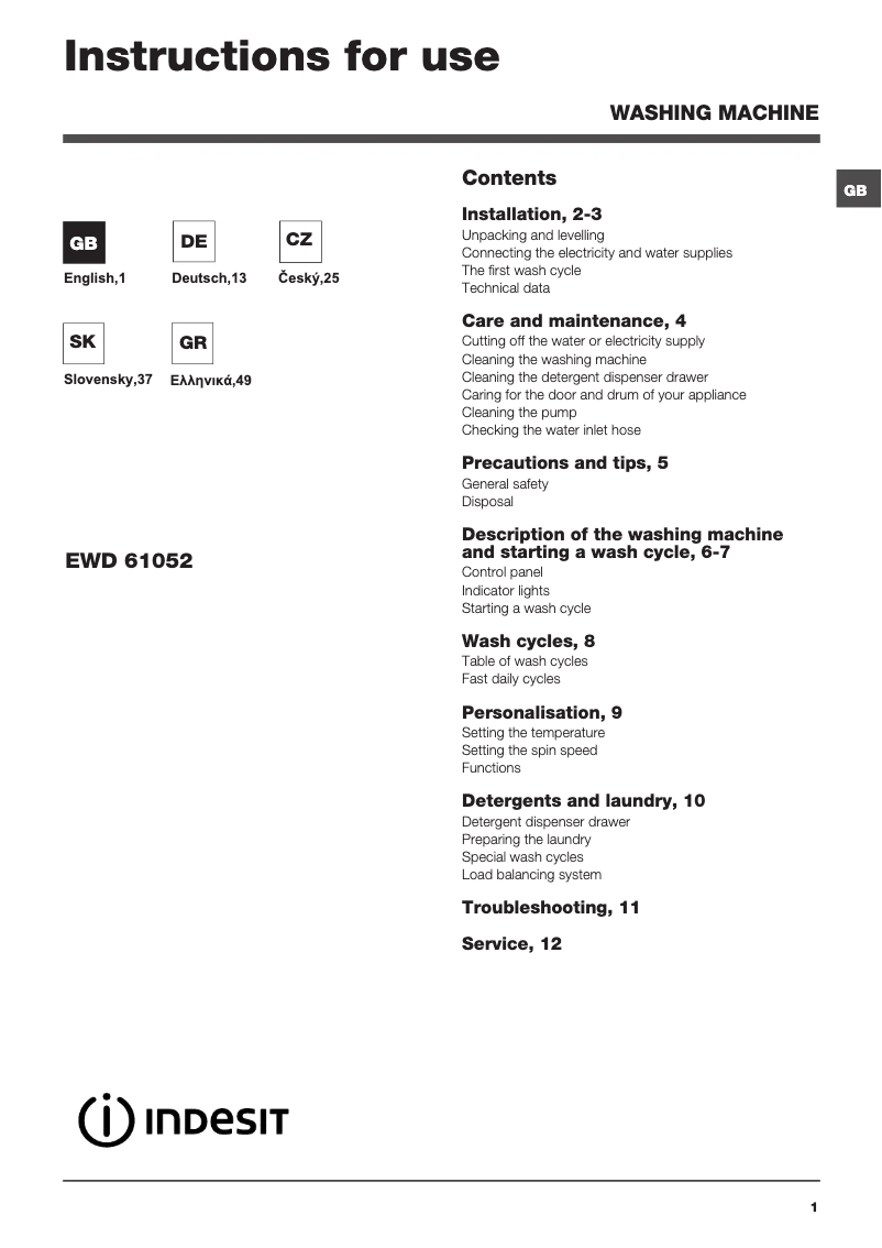 Page 1 of the manual User Manual Indesit EWD 61052 W EU
