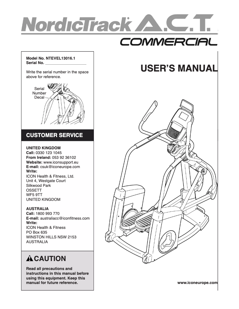 Page 1 of the manual User Manual NordicTrack A.C.T. Commercial
