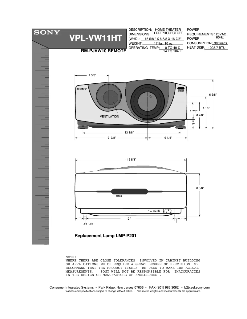Page 1 of the manual Installation Guide Sony VPL-VW11HT