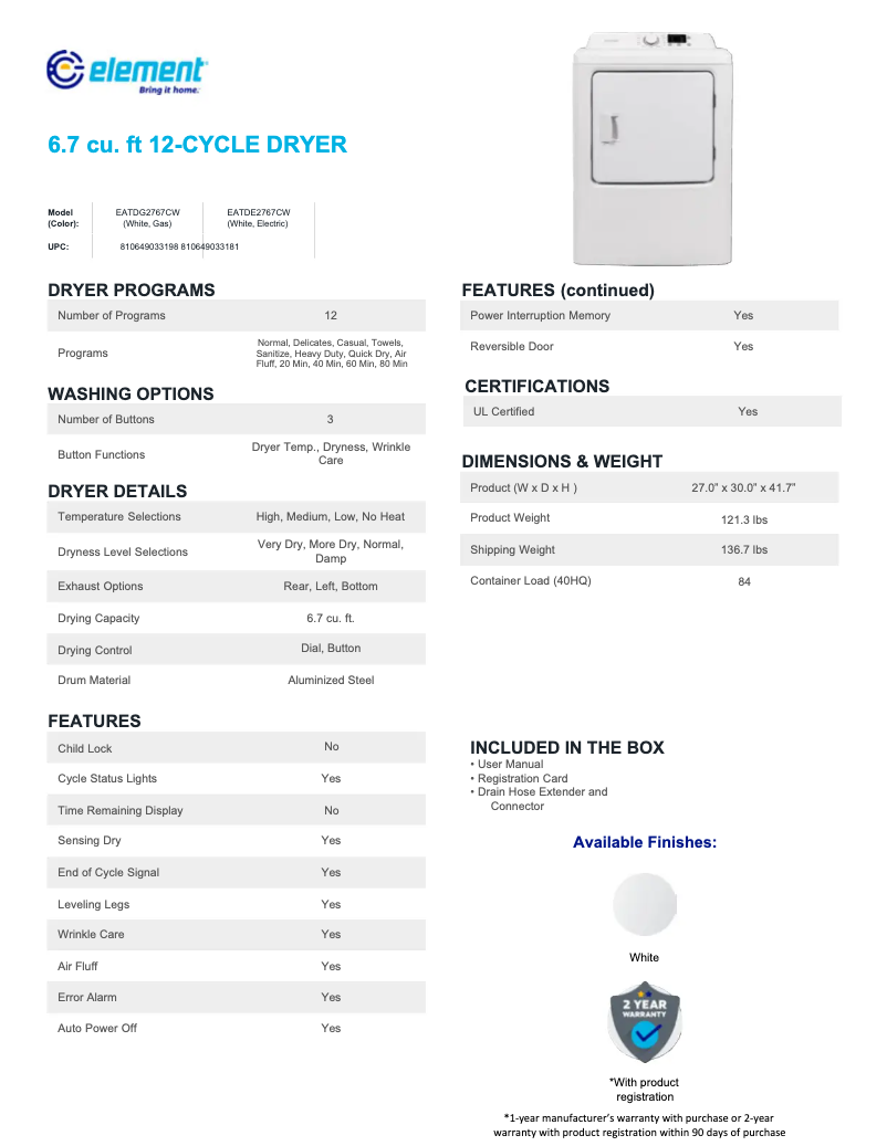 Page 1 of the manual Technical Sheet Element EATDE2767CW