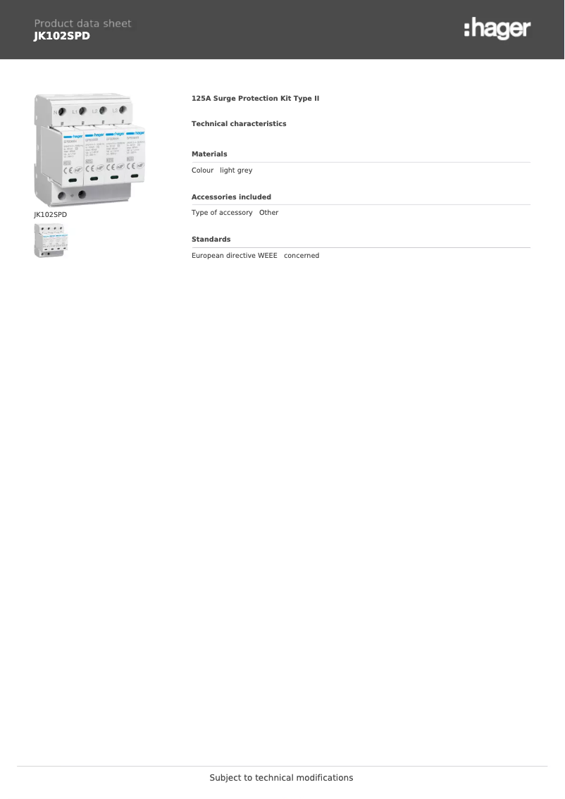 Page 1 of the manual Technical Sheet Hager JK102SPD
