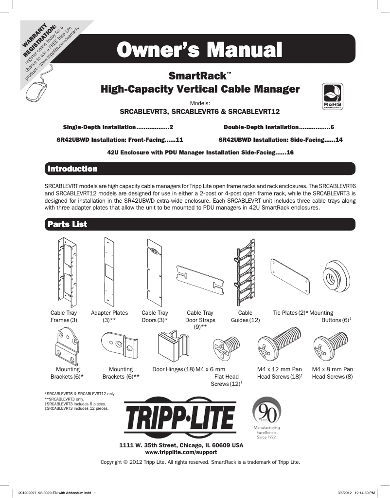 First page image of the manual for SmartRack SRCABLEVRT12