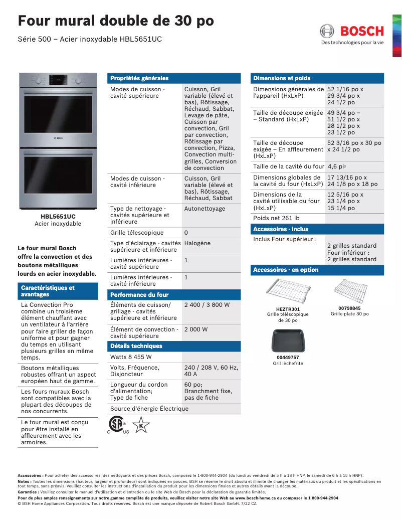 Page 1 of the manual Technical Sheet Bosch HBL5651UC