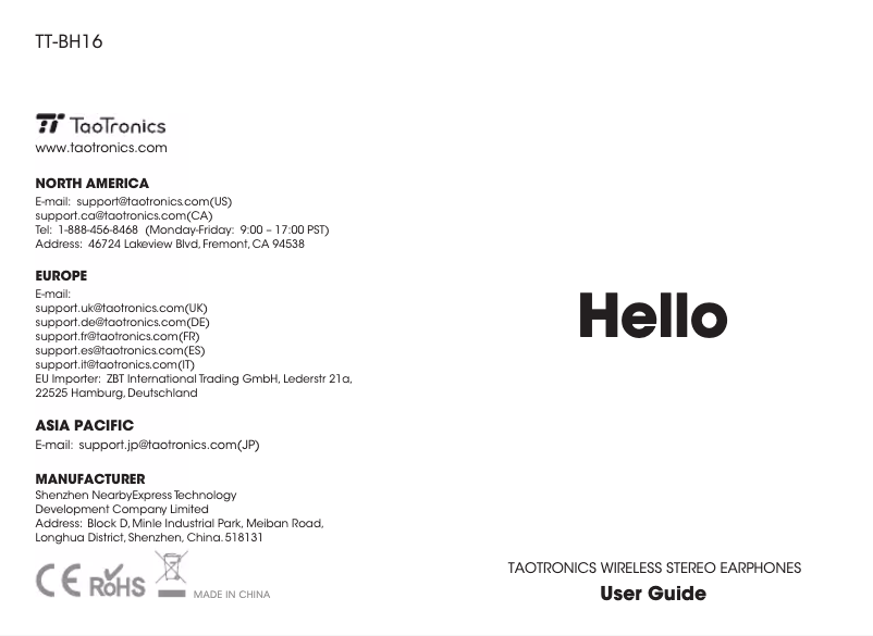 First page image of the manual for TT-BH16