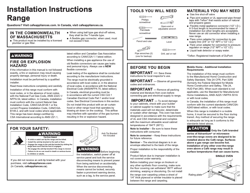 Page 1 of the manual Installation Guide GE Café CGS986EELDS