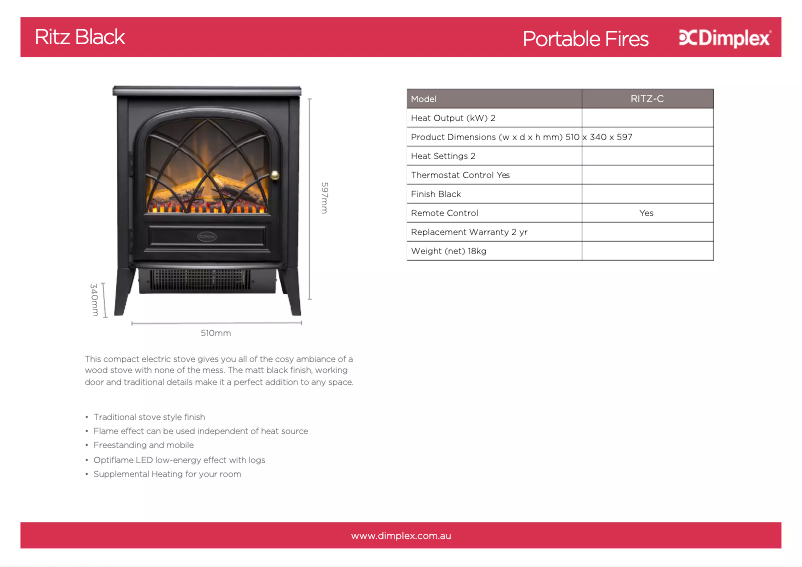 Page 1 of the manual Technical Sheet Dimplex RITZ-C