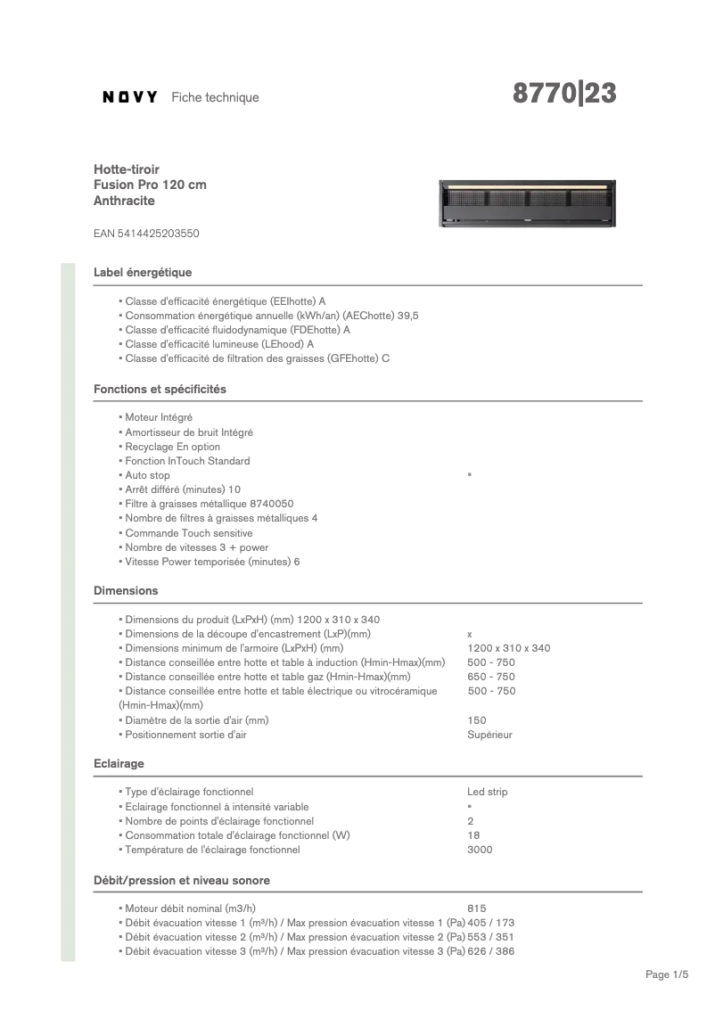 Page 1 of the manual Technical Sheet Novy Pro 8770