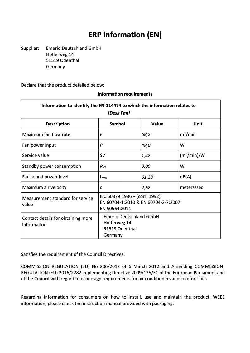 Page 1 of the manual Technical Sheet Emerio FN-114474