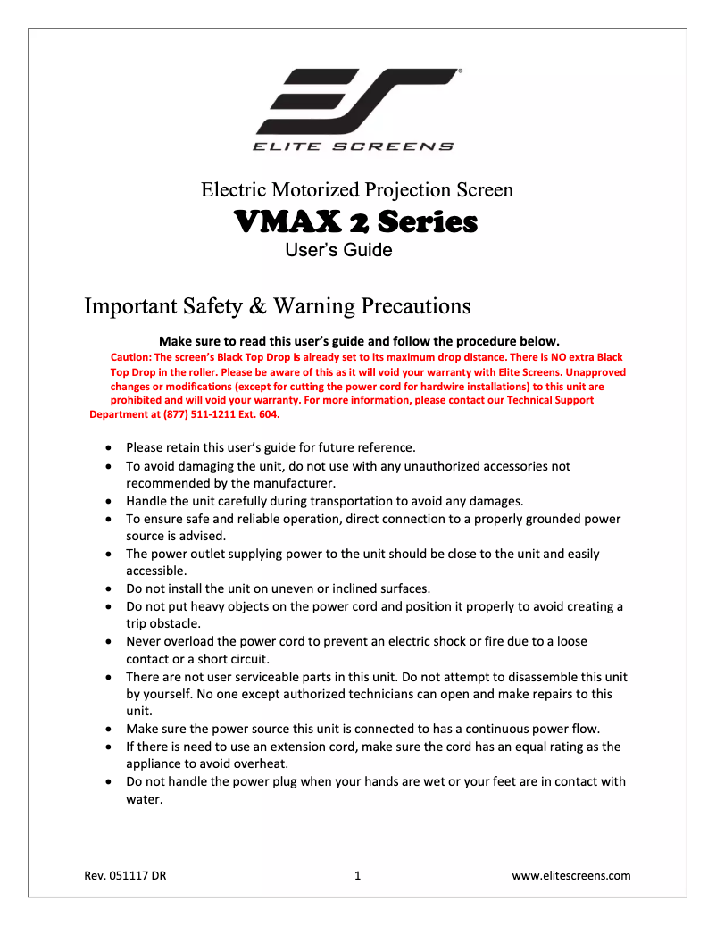 Page 1 de la notice Manuel utilisateur Elite Screens VMAX120UWH2
