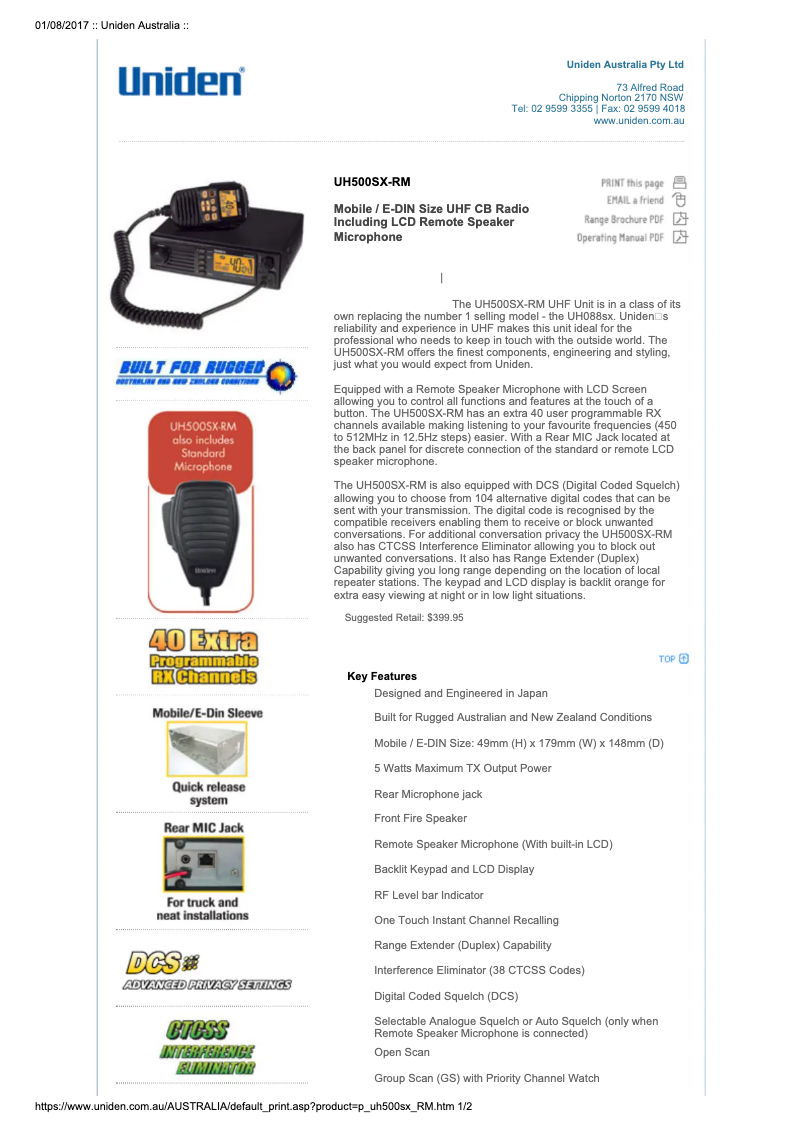 First page image of the manual for UH500SX-RM