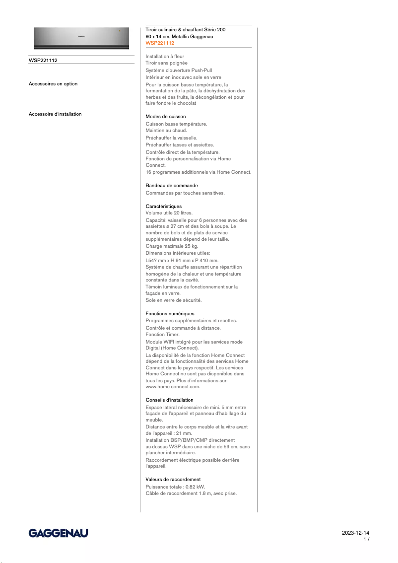 Page 1 of the manual Technical Sheet Gaggenau WSP221112