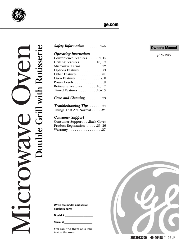 First page image of the manual for JES1289SK