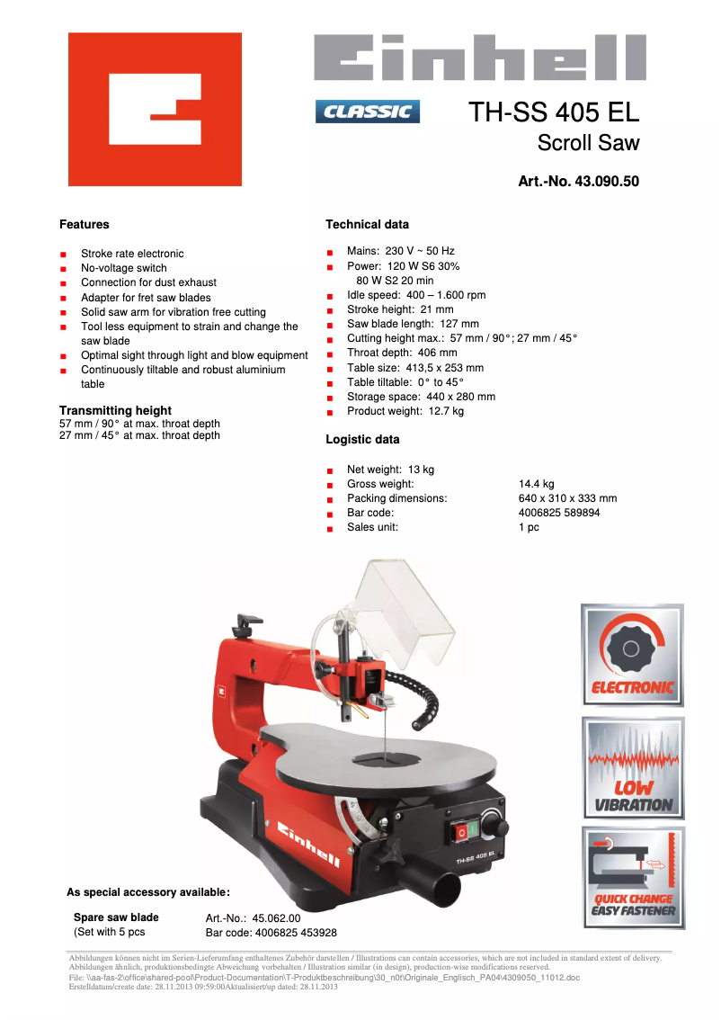 Page 1 of the manual Technical Sheet Einhell TH-SS 405 EL