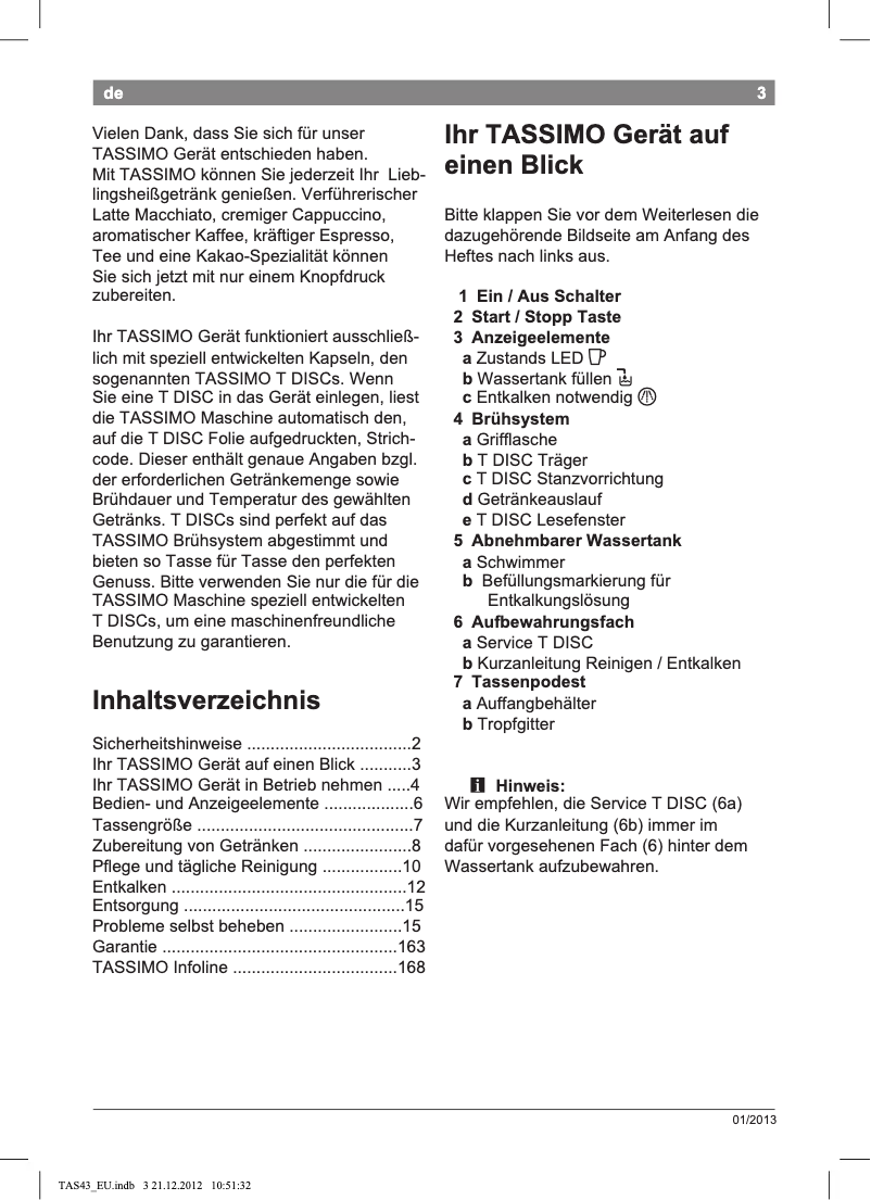 Page 1 of the manual User Manual Bosch Tassimo TAS4303