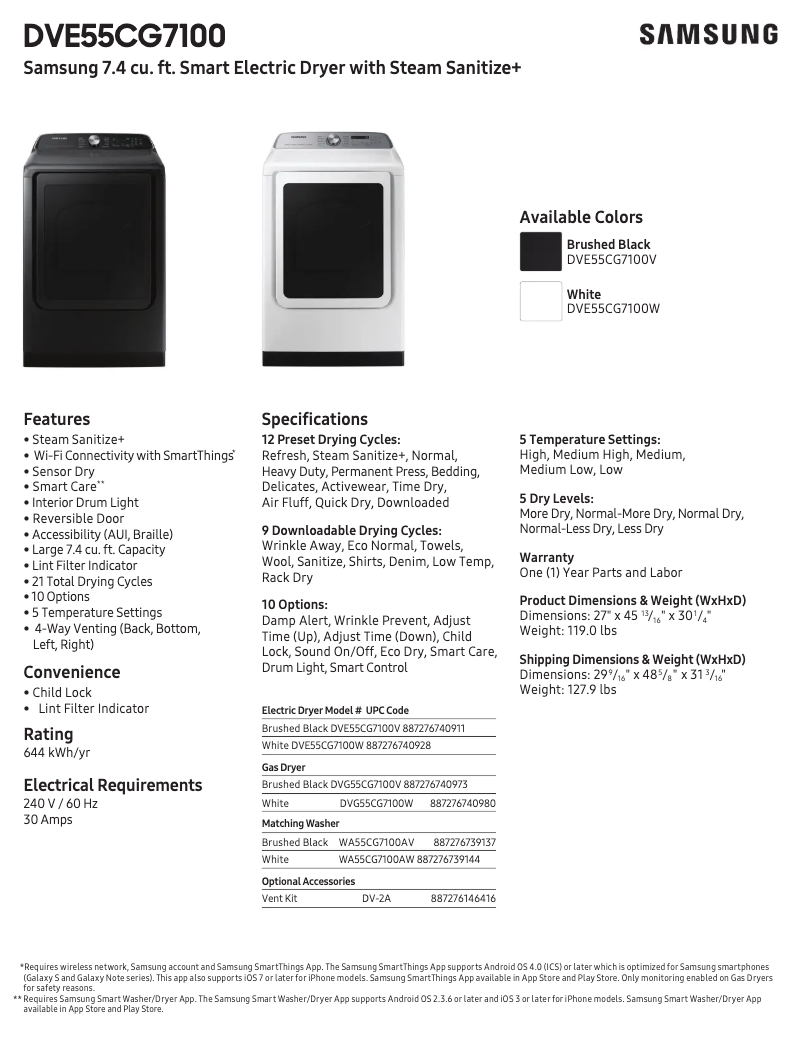 Page 1 of the manual Technical Sheet Samsung DVE55CG7100V