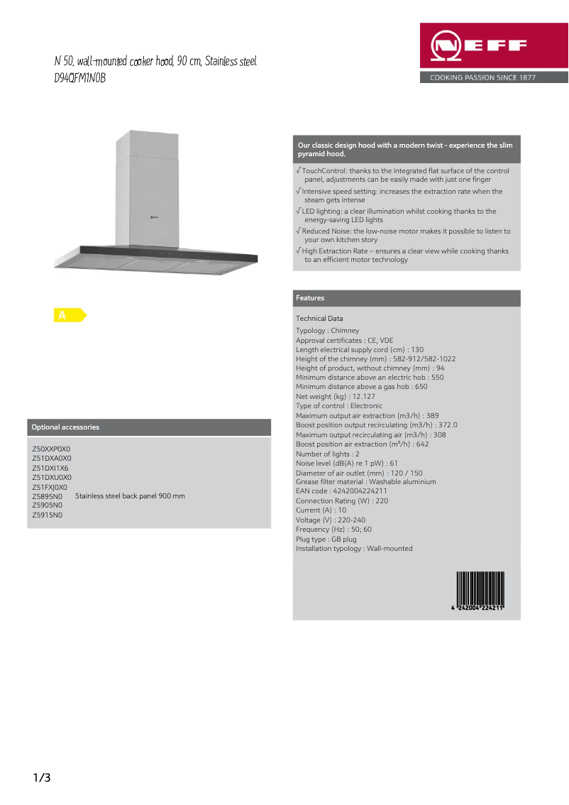 Page 1 of the manual Technical Sheet Neff D94QFM1N0B