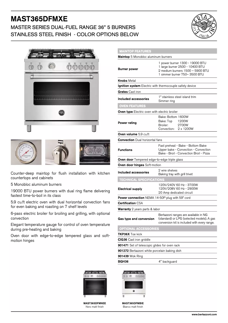 Page 1 of the manual Technical Sheet Bertazzoni MAST365DFMNEE