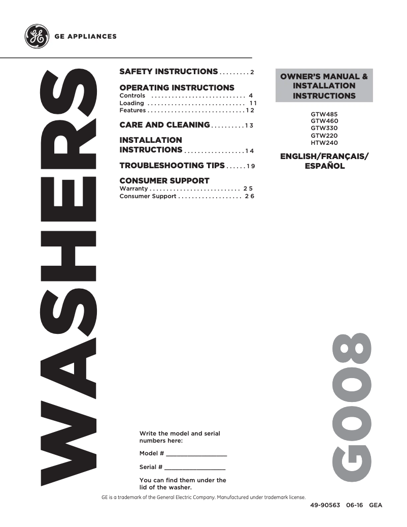 First page image of the manual for HTW240ASKWS