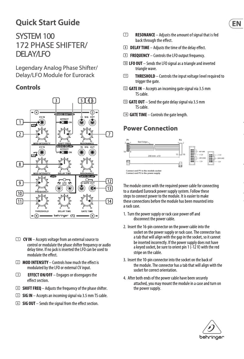 Page 1 of the manual Quick Start Guide Behringer System 100 172 Phase Shifter/Delay/LFO
