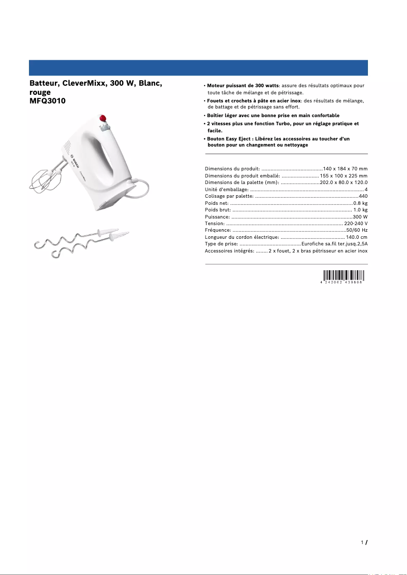 Page 1 of the manual Technical Sheet Bosch MFQ3010