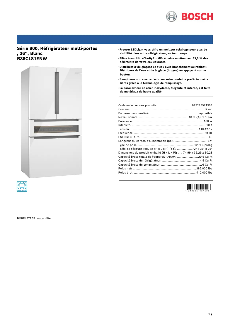 Page 1 of the manual Technical Sheet Bosch B36CL81ENW