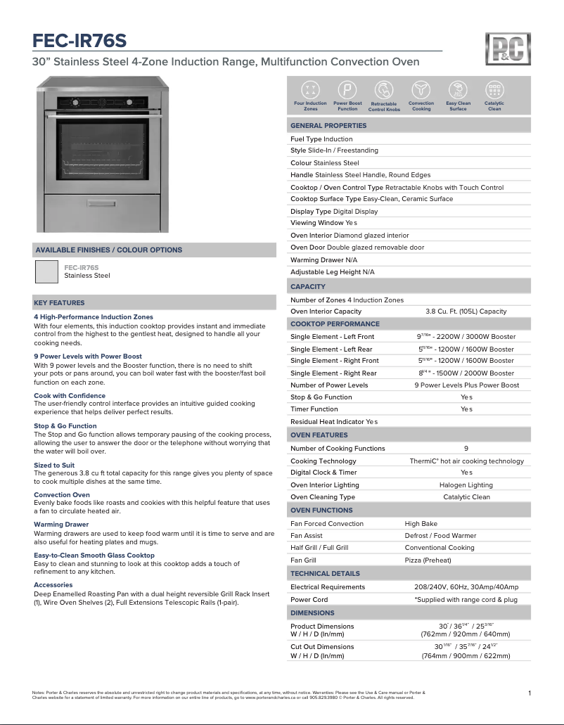 Page 1 of the manual Technical Sheet Porter & Charles FEC-IR76S