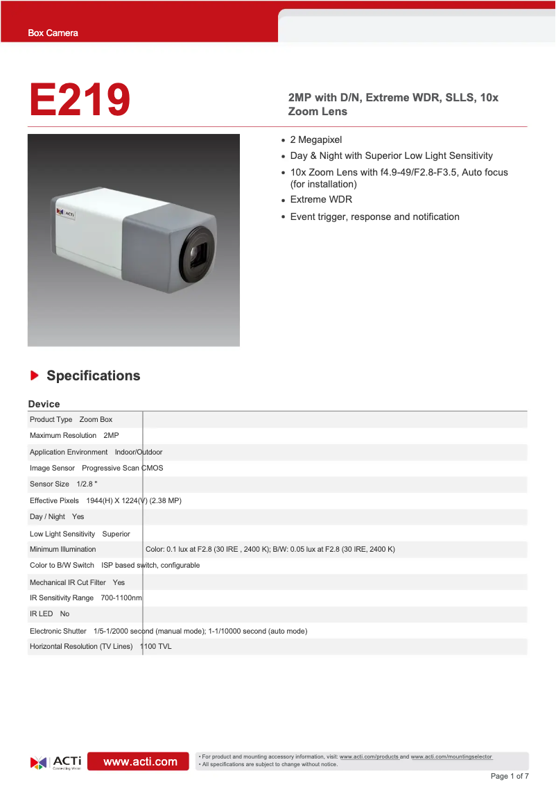 Page 1 of the manual Technical Sheet ACTi E219
