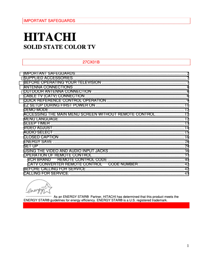 Page 1 of the manual User Manual Hitachi 27CX01B
