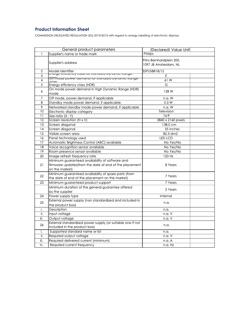 Page 1 of the manual Technical Sheet Philips 55PUS8818