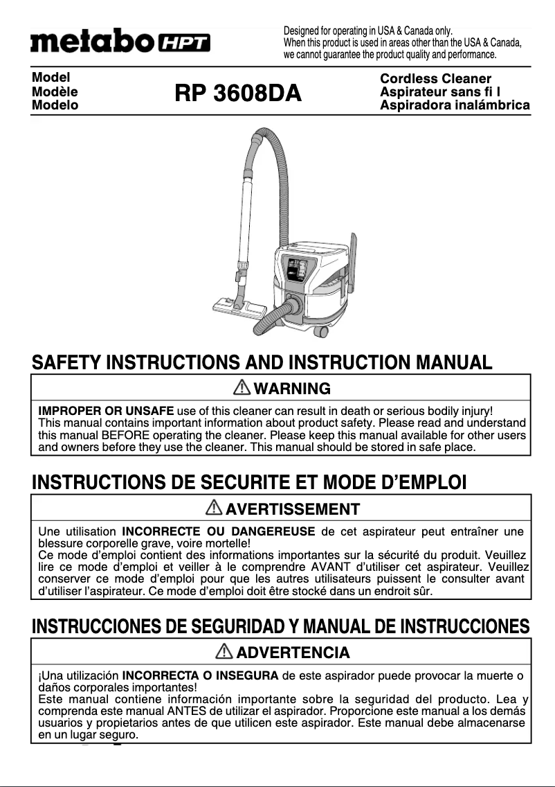 Page 1 of the manual User Manual Metabo RP 3608DA