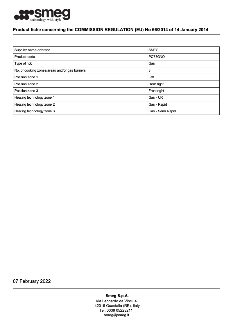 Page 1 of the manual Brochure Smeg PC73GNO