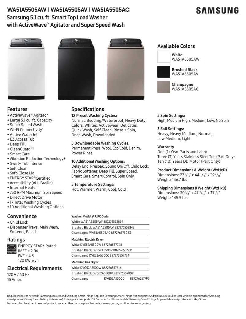 Page 1 of the manual Technical Sheet Samsung WA51A5505AC