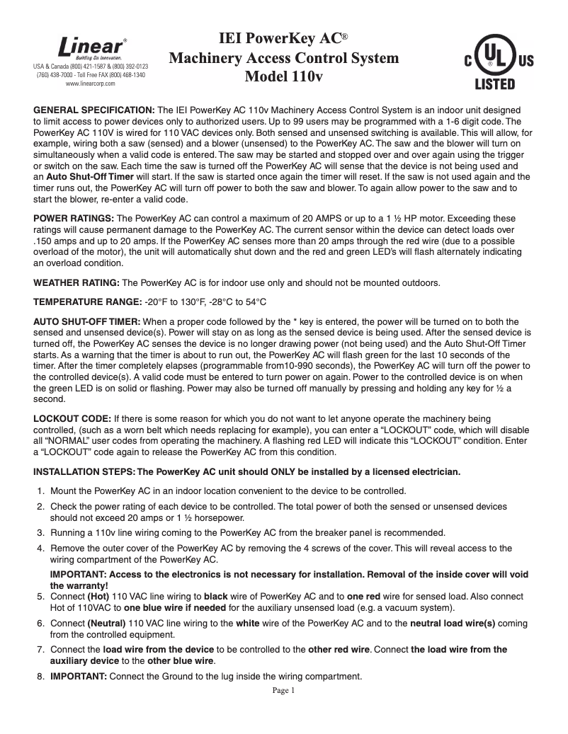 Page 1 of the manual User Manual Nortek IEI PowerKey AC