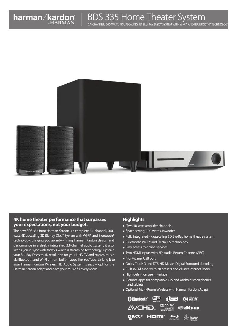 Page 1 of the manual Technical Sheet Harman Kardon BDS 335
