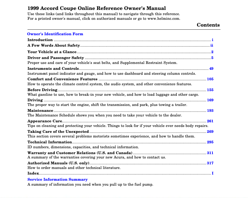Page 1 of the manual User Manual Honda Accord Coupe (1999)