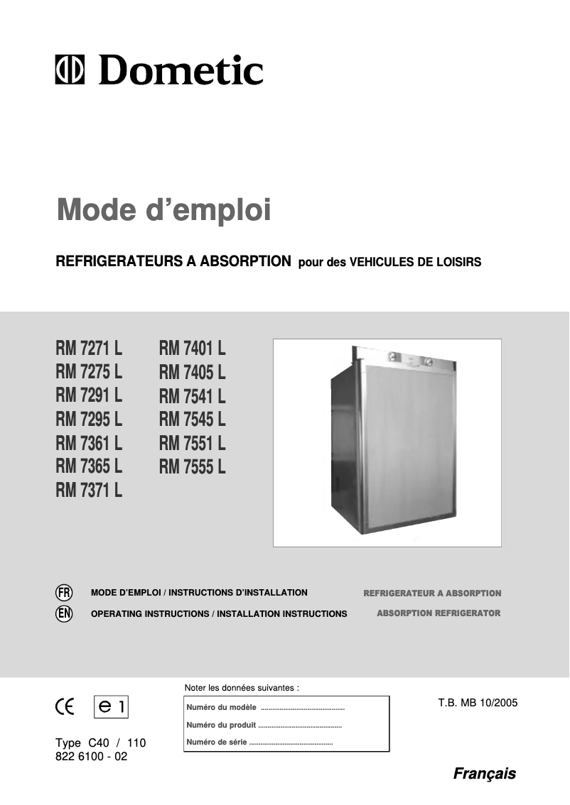 Page 1 de la notice Manuel utilisateur Dometic RM 7275L