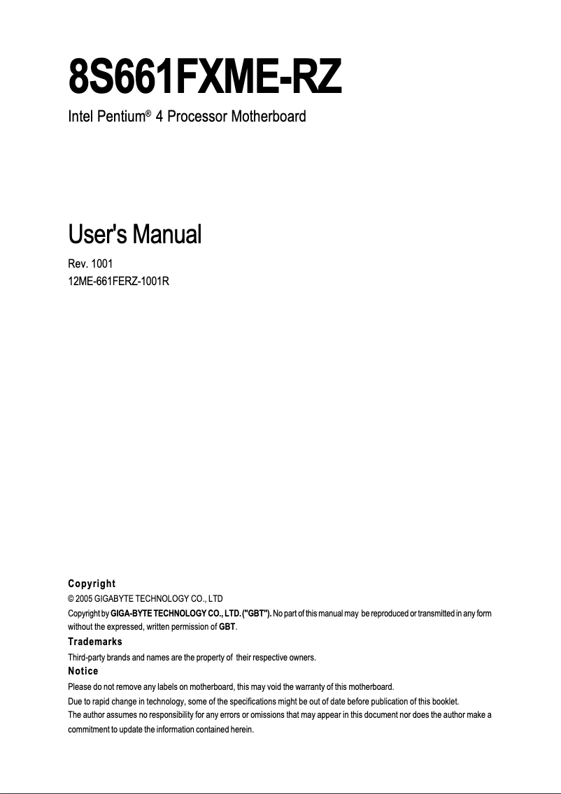 Page 1 of the manual User Manual Gigabyte 8S661FXME-RZ