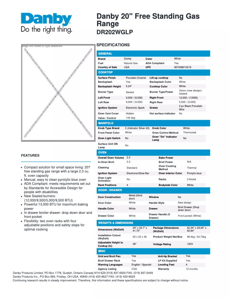 Page 1 of the manual Technical Sheet Danby DR202WGLP