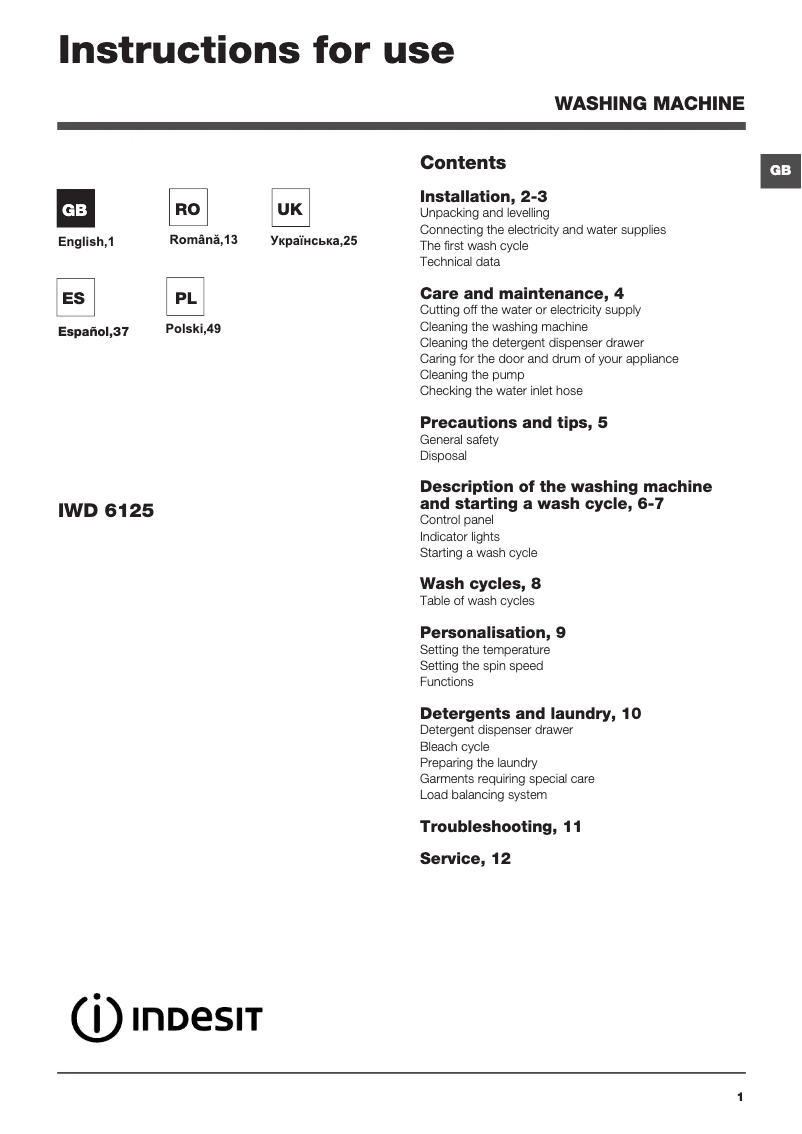 Page 1 of the manual User Manual Indesit IWD 6125 (EU)