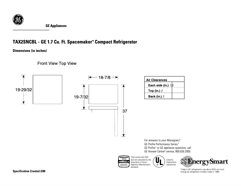 Page 1 of the manual Technical Sheet GE TAX2SNCBL