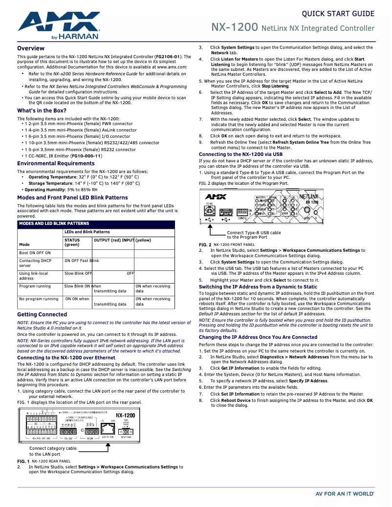 Page 1 of the manual Quick Start Guide AMX NetLinx NX-1200