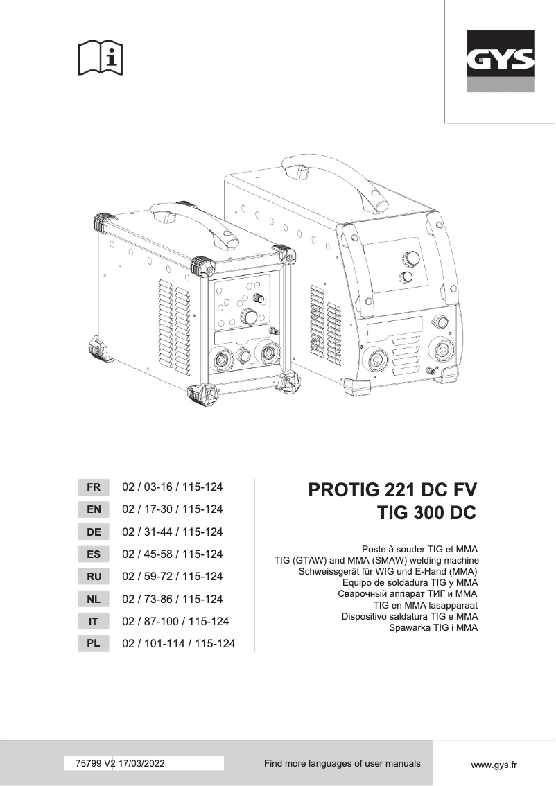 Page 1 of the manual User Manual GYS Protig 221 DC FV