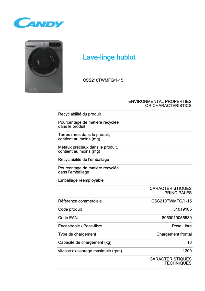First page image of the manual for CSS210TWMFG/1-15