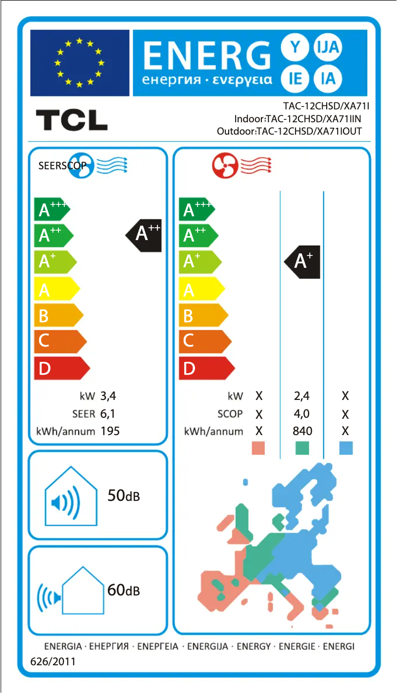 Page 1 of the manual Energy Label TCL TAC-12CHSD/XA71